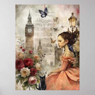 Poster Quirky Victorian Gothic Girl & Florals Londres