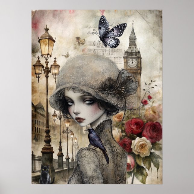Poster Quirky Victorian Gothic Girl & Florals Londres (Devant)