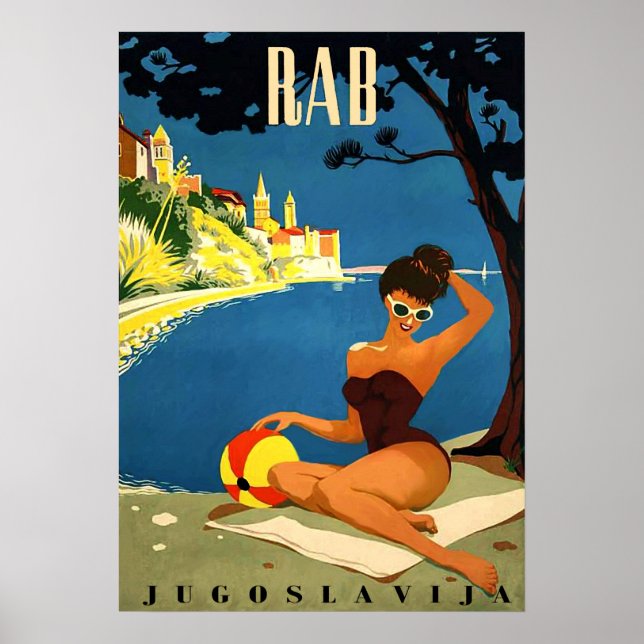 Poster Rab, île, Yougoslavie, femme bikini sur la plage (Devant)