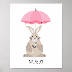Poster Rabbit avec parapluie nom personnalisé pépinière a
