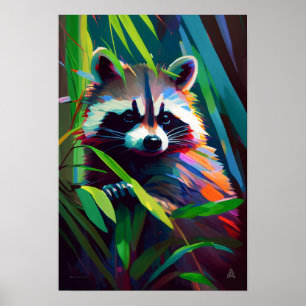 Poster Raccoon Animal Portrait Peinture Faune En Plein Ai