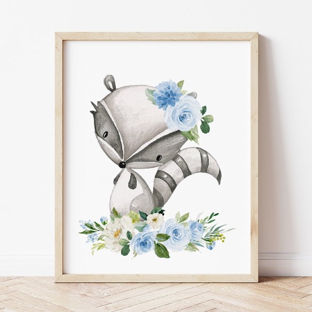 Poster Raccoon, Animaux Boisés, Boho, Fleurs Bleues (Créateur téléchargé)