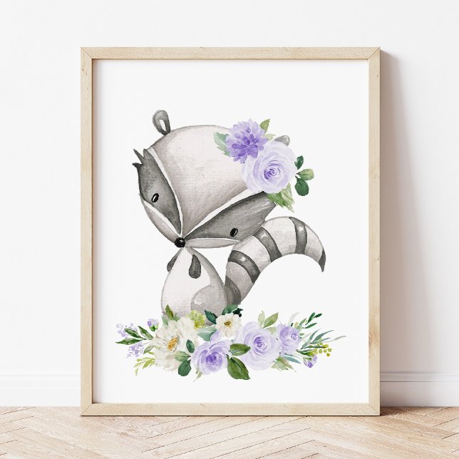 Poster Raccoon, Animaux De Bois, Boho, Fleurs Violettes (Créateur téléchargé)