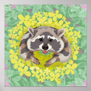 Poster Raccoon aux fleurs jaunes