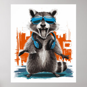 Poster Raccoon cool avec casque
