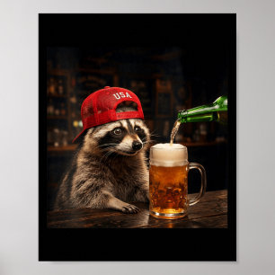 Poster Raccoon drôle buvant de la bière patriotique 4 jui