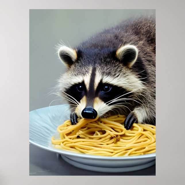 Poster Raccoon mangeant Spaghetti (Devant)