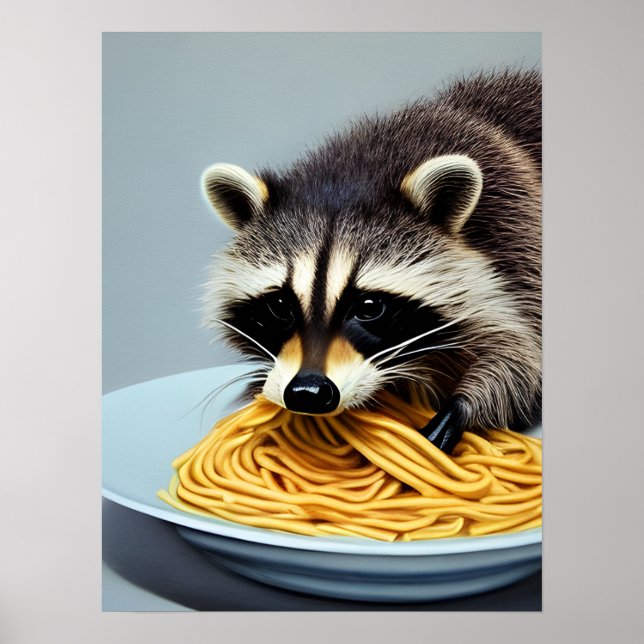Poster Raccoon mangeant Spaghetti (Devant)