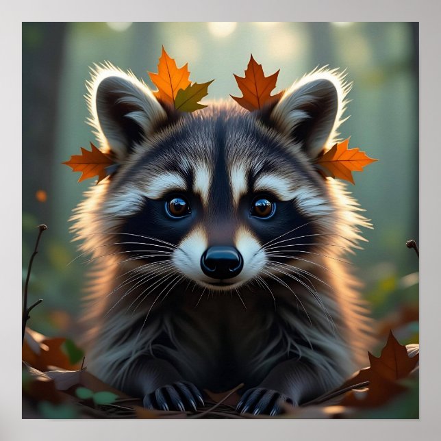 Poster Raccoon mignon dans les feuilles d'automne (Devant)