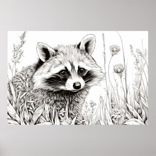 Poster Raccoon Nature paisible Prairie Dessin d'art