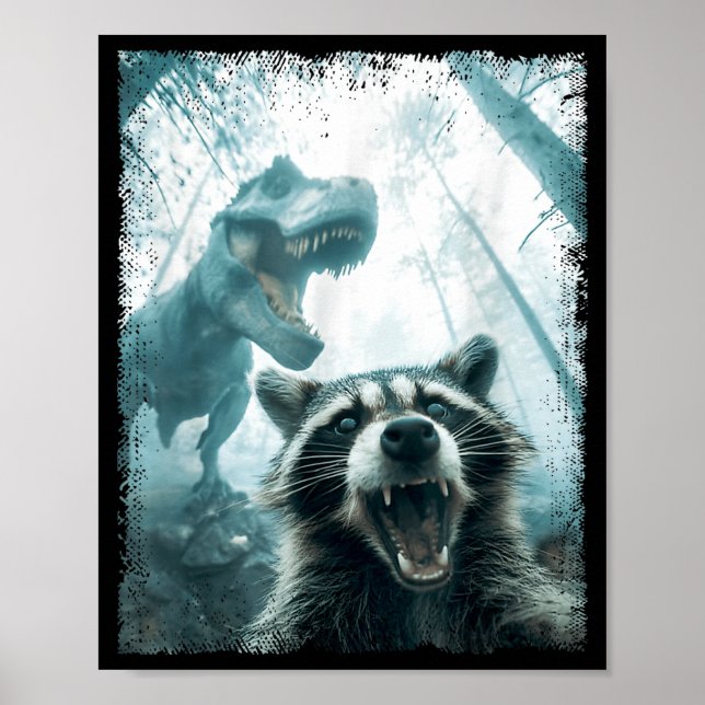 Poster Raccoon Selfie With Tyrannosaurus T Rex Adventure  (Devant)
