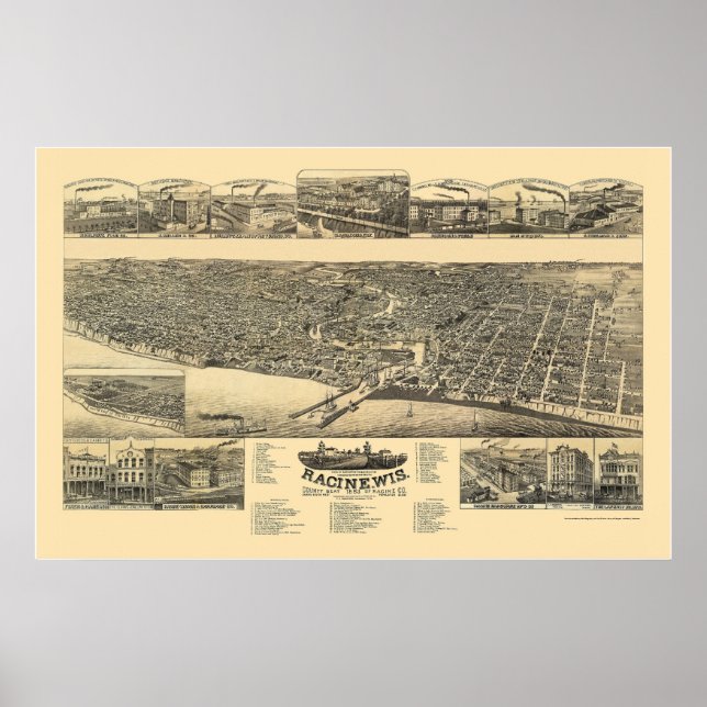 Poster Racine, WI Carte panoramique - 1883 (Devant)