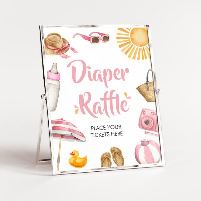 Poster Raffin de Baby shower à couche rose (Girl Summer Beach Baby Shower Diaper Raffle Sign)