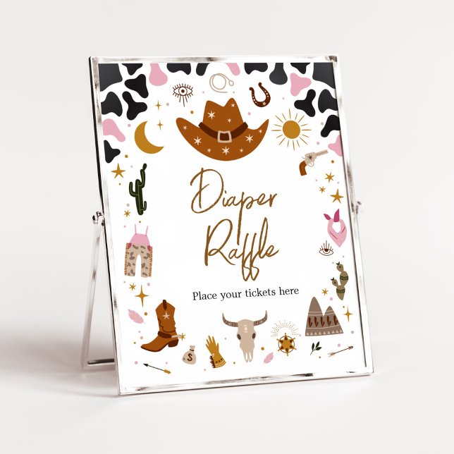 Poster Raffin de Baby shower à couche rose Western (Boho Wild West Rodeo Baby Shower Diaper Raffle Sign)