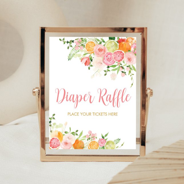 Poster Raffin de couche d'agrumes rose floral orange (Girl Lemon Baby Shower Diaper Raffle Sign)