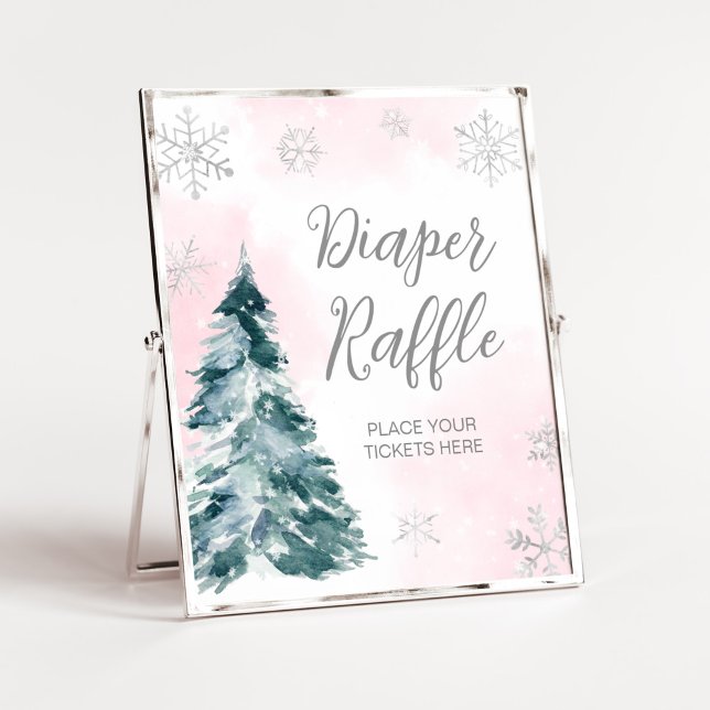 Poster Raffle de couches d'hiver roses à froid (Pink Silver Winter Baby Shower Diaper Raffle Sign)