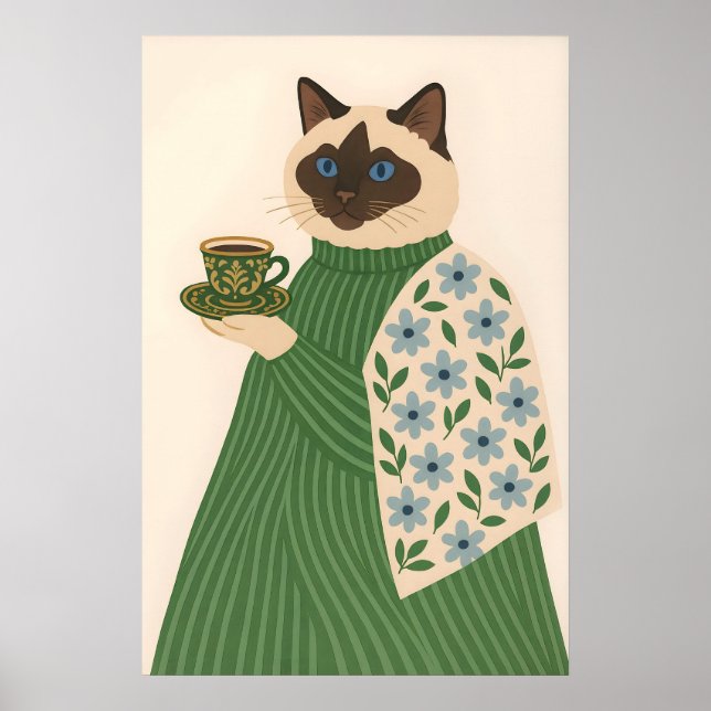Poster Ragdoll Cat Coffee Art Print, Floral Green Jacket (Devant)