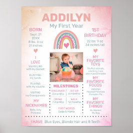 Poster Rainbow Baby Girl's First Birthday Milestone Stats
