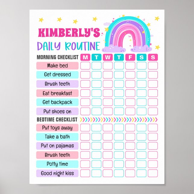 Poster Rainbow Girl Daily Routine, Kid Everyday Checlist (Devant)