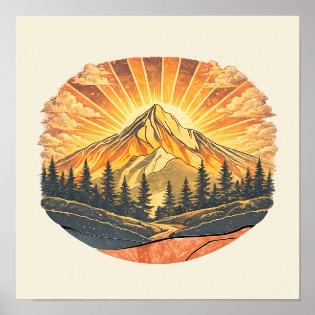 Poster Rainbow Mountain Peak Retro Mountains Sunrise Art (Devant)