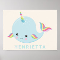 Rainbow Narwhal Kawaii Motif Pastel Blue Nom