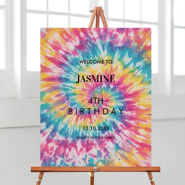 Poster Rainbow Tie Dye whimsday fête d'anniversaire Bienv (Rainbow Tie Dye whimsical Birthday Party Welcome Poster)