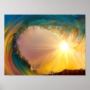 Poster Rainbow tropicale vague ride au coucher du soleil
