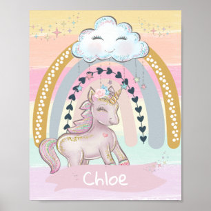 Poster 🦄 Rainbow Unicorn Girl Nom personnalisé