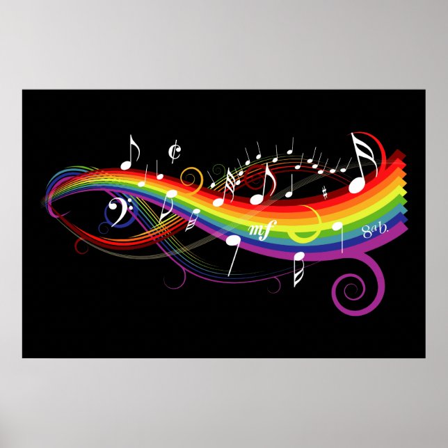 Poster Rainbow White Music Notes sur Black (Devant)