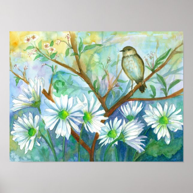 Poster Rainy Day Bird Daisy Flower Garden Aquarelle (Devant)