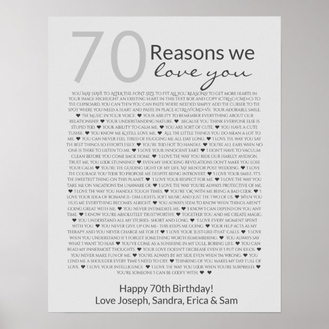 Poster Raisons que nous aimons à votre sujet 70, 60, 50,  (Devant)