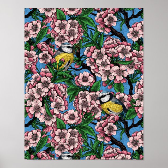Poster Rameaux bleus dans le cerisier en fleurs sur le bl (Devant)
