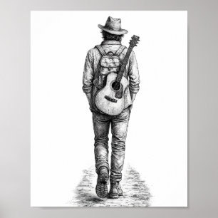 Poster Randonneur Solitaire avec Guitare Croquis au Crayo