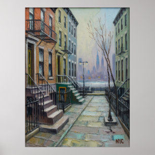 Poster Rangée de brownstones à Brooklyn avec la skyline d