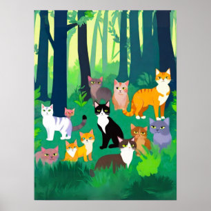 Poster Rassemblement de chats dans une clairière de forêt