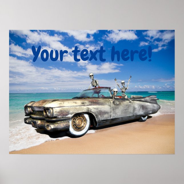 Poster Rat Rod Car Skeleton Joyride sur la plage Drôle (Devant)