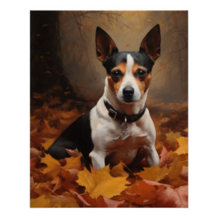 Poster Rat Terrier dans les feuilles d'automne qui tomben