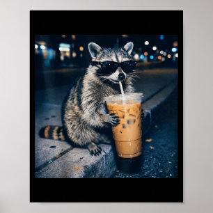 Poster Raton laveur buvant du café glacé mème animal drôl