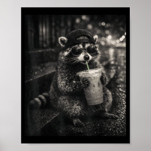 Poster Raton laveur buvant un café glacé mème animal drôl