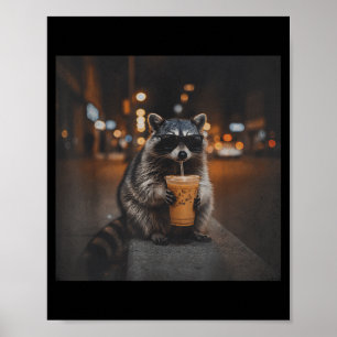 Poster Raton laveur buvant un café glacé mème animal drôl