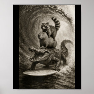 Poster Raton laveur capybara crocodile drôle en train de