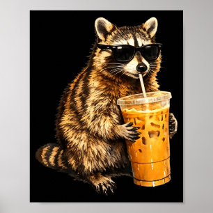 Poster Raton laveur drôle buvant du café glacé mème anima