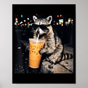 Poster Raton laveur drôle et cool buvant du café glacé mè