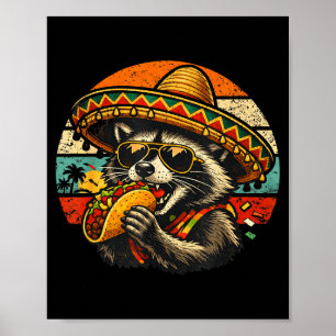 Poster Raton laveur drôle mangeant un taco rétro sombrero