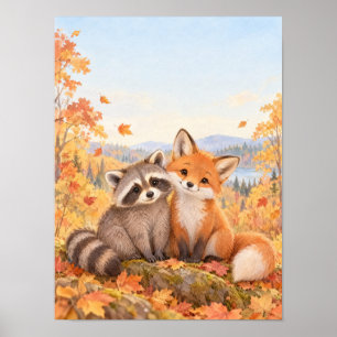 Poster Raton laveur et renard dans la forêt automnale – A