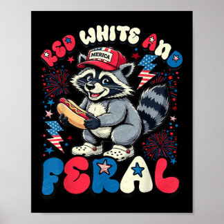 Poster Raton laveur Hot Dog Floral Rouge Blanc Et Amériqu