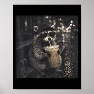 Poster Raton laveur lunettes de soleil boit du café glacé