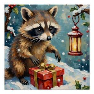 Poster Raton laveur vintage ouvrant une boîte cadeau de N
