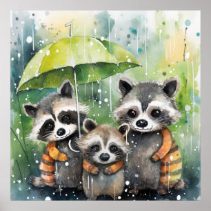 Poster Raton laveurs mignons sous la pluie