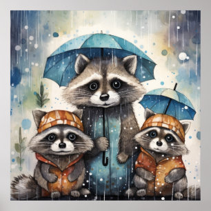 Poster Raton laveurs mignons sous la pluie